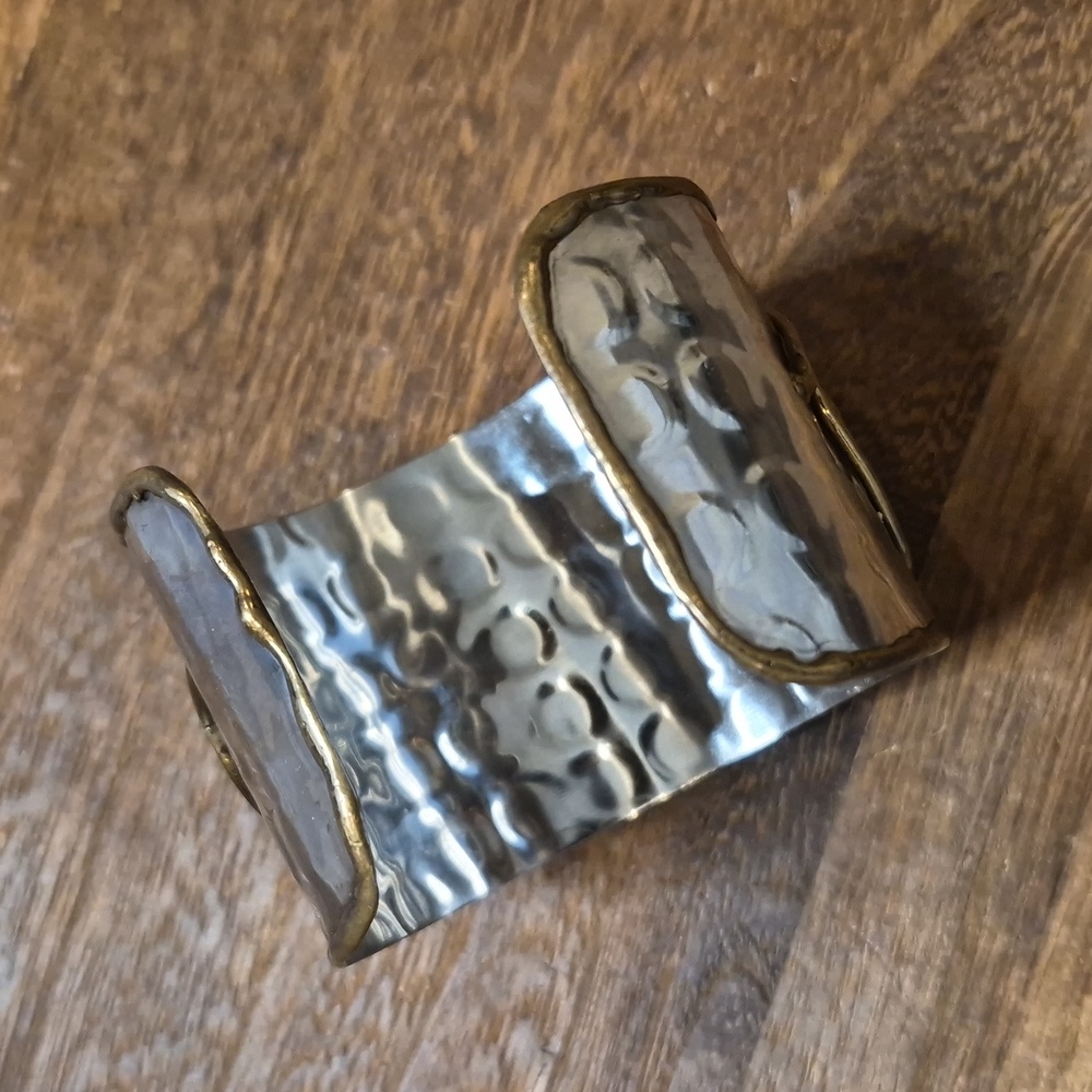 Hammered Non-magnetic Ornate Detail Silver & Goldish Bronze Tone Cuff Bracelet - Picture 3 of 5